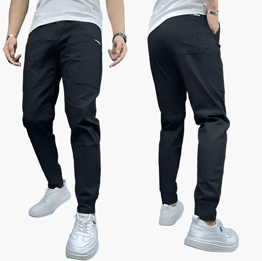 Men's slim tapered stretch cargo trousers with practical pockets in black