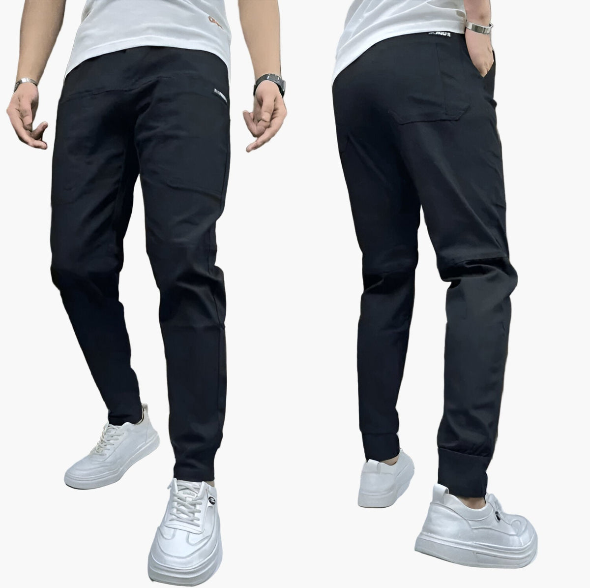Men's slim tapered stretch cargo trousers with practical pockets in black