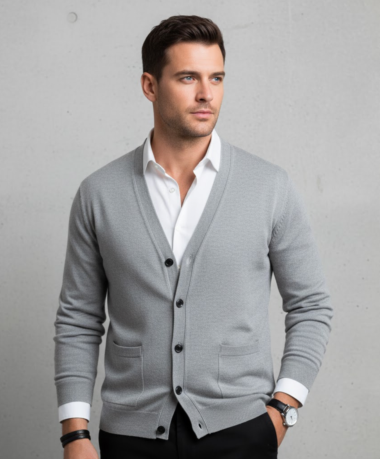 Men's dark red button-through V-neck knitted cardigan for autumn