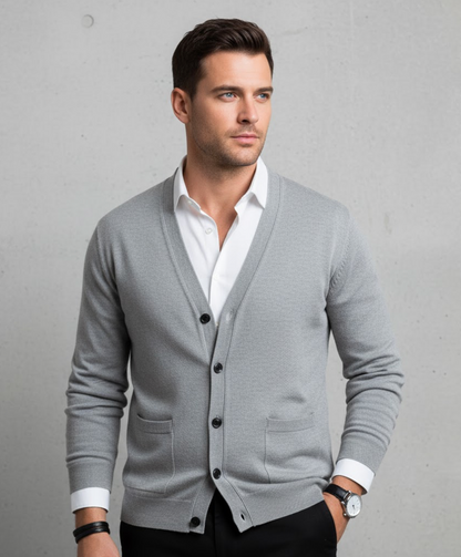 Men's dark red button-through V-neck knitted cardigan for autumn