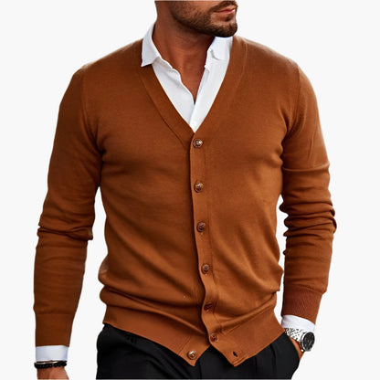 Men's dark red button-through V-neck knitted cardigan for autumn