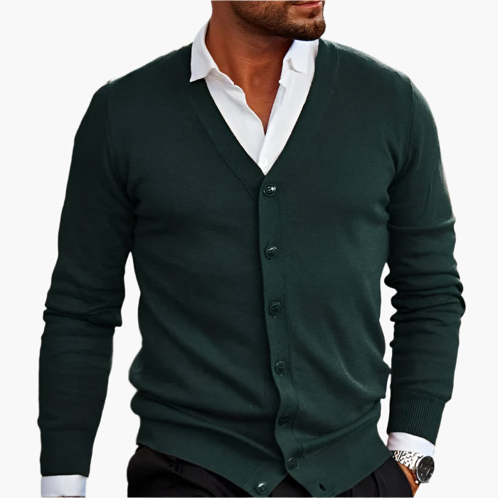 Men's dark red button-through V-neck knitted cardigan for autumn