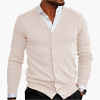 Men's dark red button-through V-neck knitted cardigan for autumn