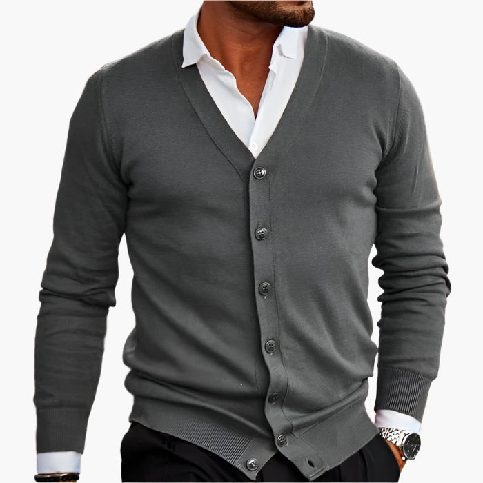 Men's dark red button-through V-neck knitted cardigan for autumn