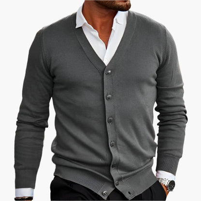 Men's dark red button-through V-neck knitted cardigan for autumn