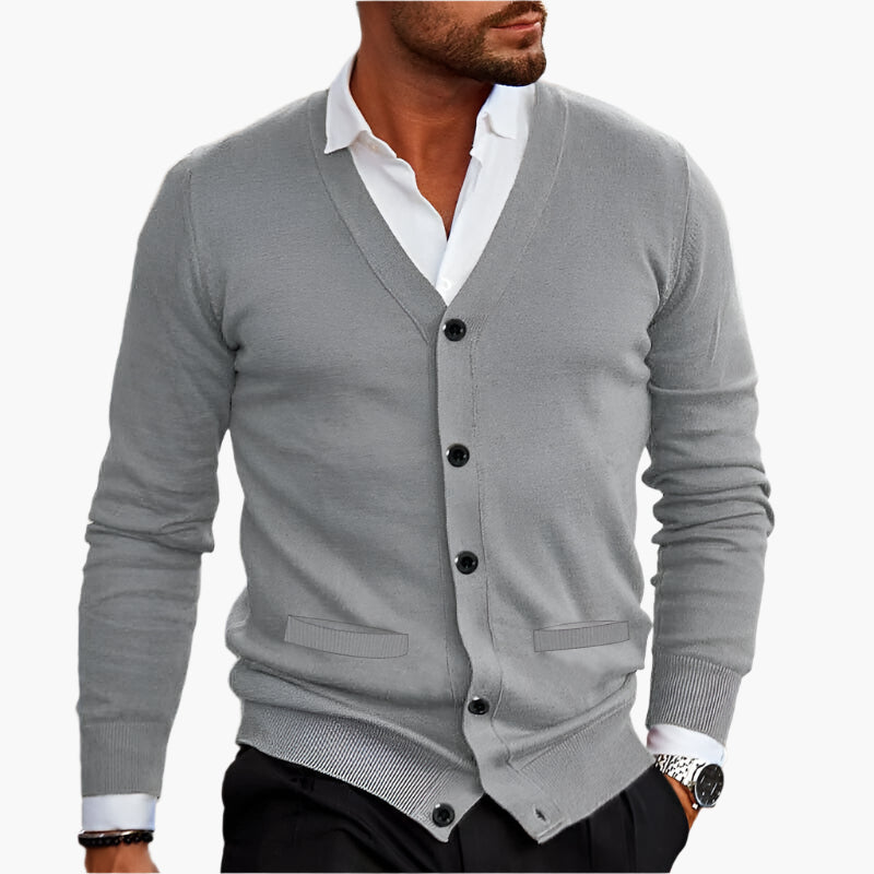Men's dark brown button-through V-neck knitted cardigan for autumn
