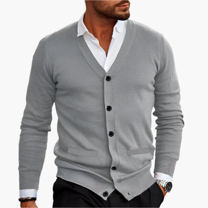 Men's dark brown button-through V-neck knitted cardigan for autumn