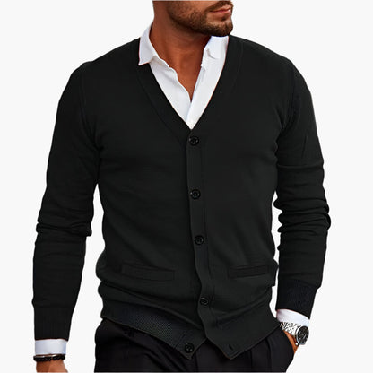 Men's dark brown button-through V-neck knitted cardigan for autumn
