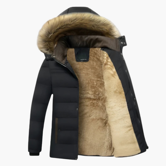 Men's black quilted hooded parka with faux fur trim for men