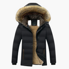 Men's black quilted hooded parka with faux fur trim for men