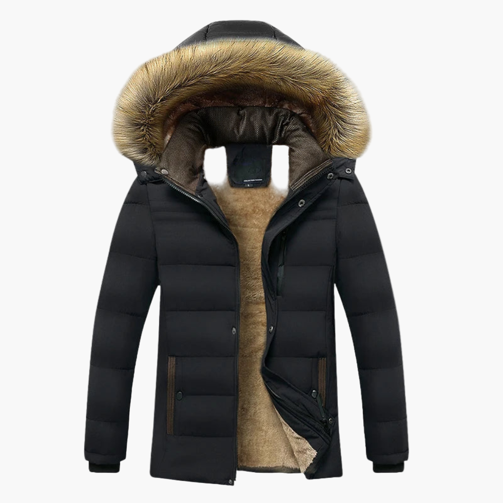 Men's black quilted hooded parka with faux fur trim for men