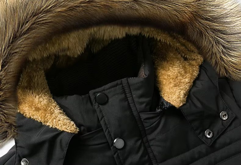 Men's black quilted hooded parka with faux fur trim for men