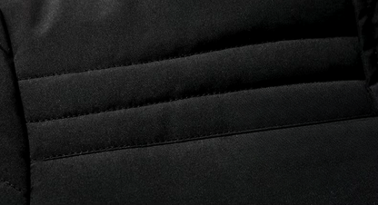 Men's black quilted hooded parka with faux fur trim for men