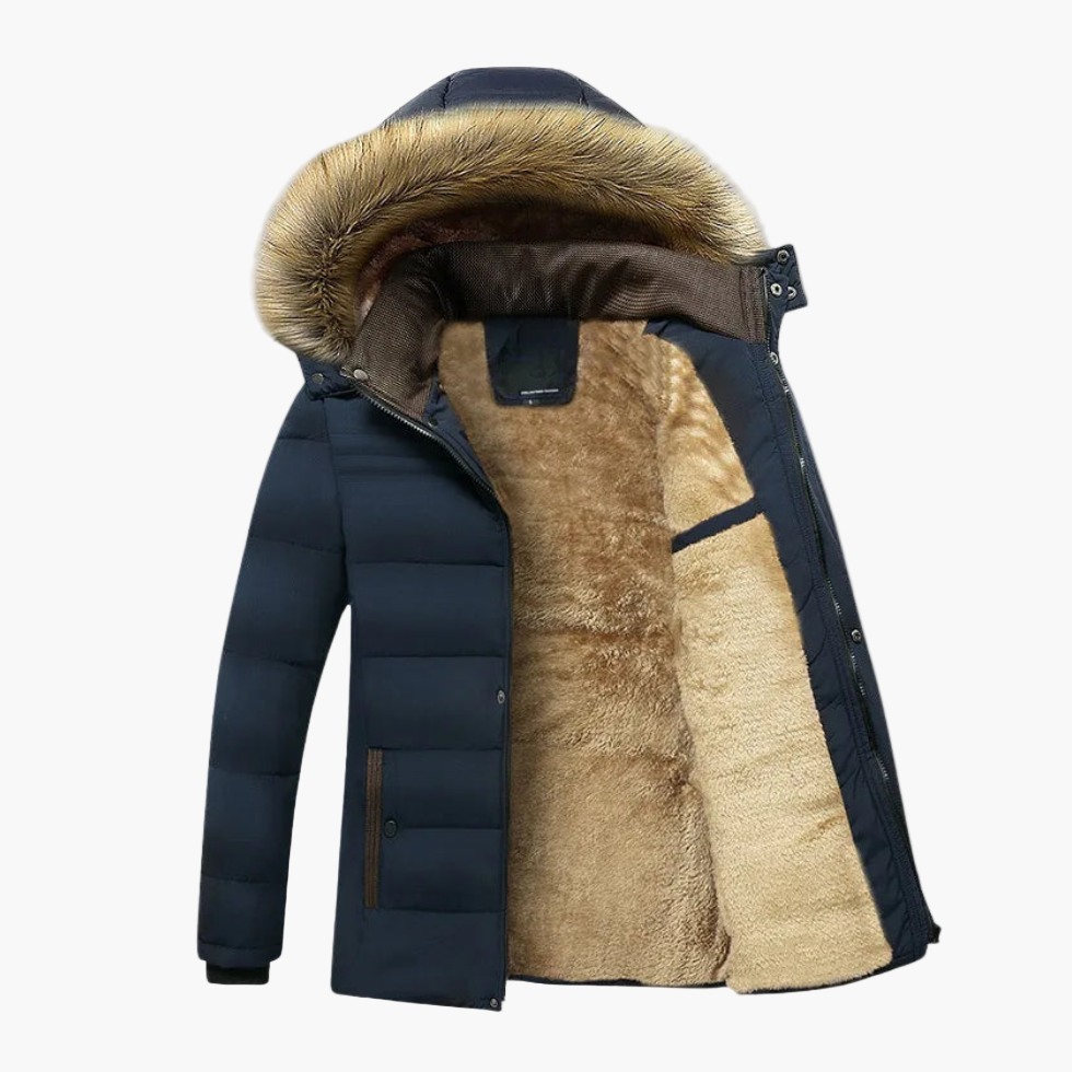 Men's blue quilted hooded parka with faux fur trim for men