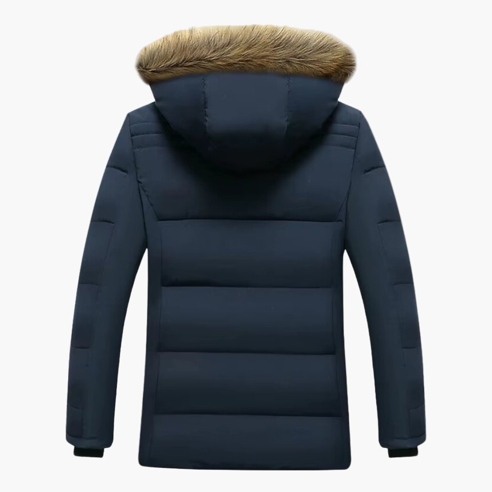 Men's blue quilted hooded parka with faux fur trim for men