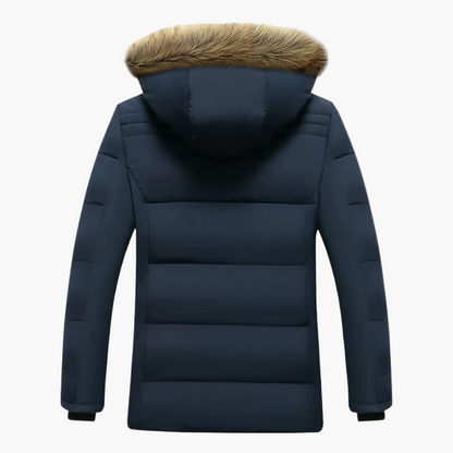 Men's blue quilted hooded parka with faux fur trim for men