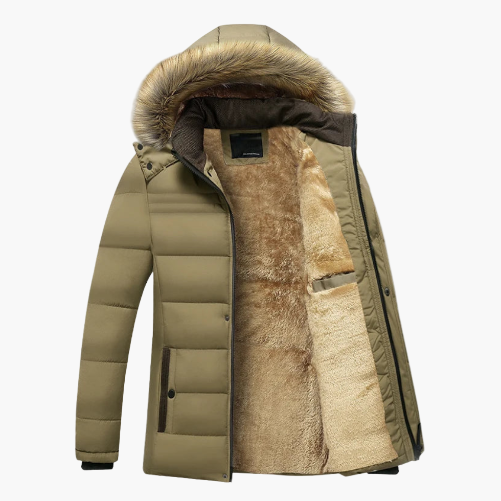 Men's blue quilted hooded parka with faux fur trim for men