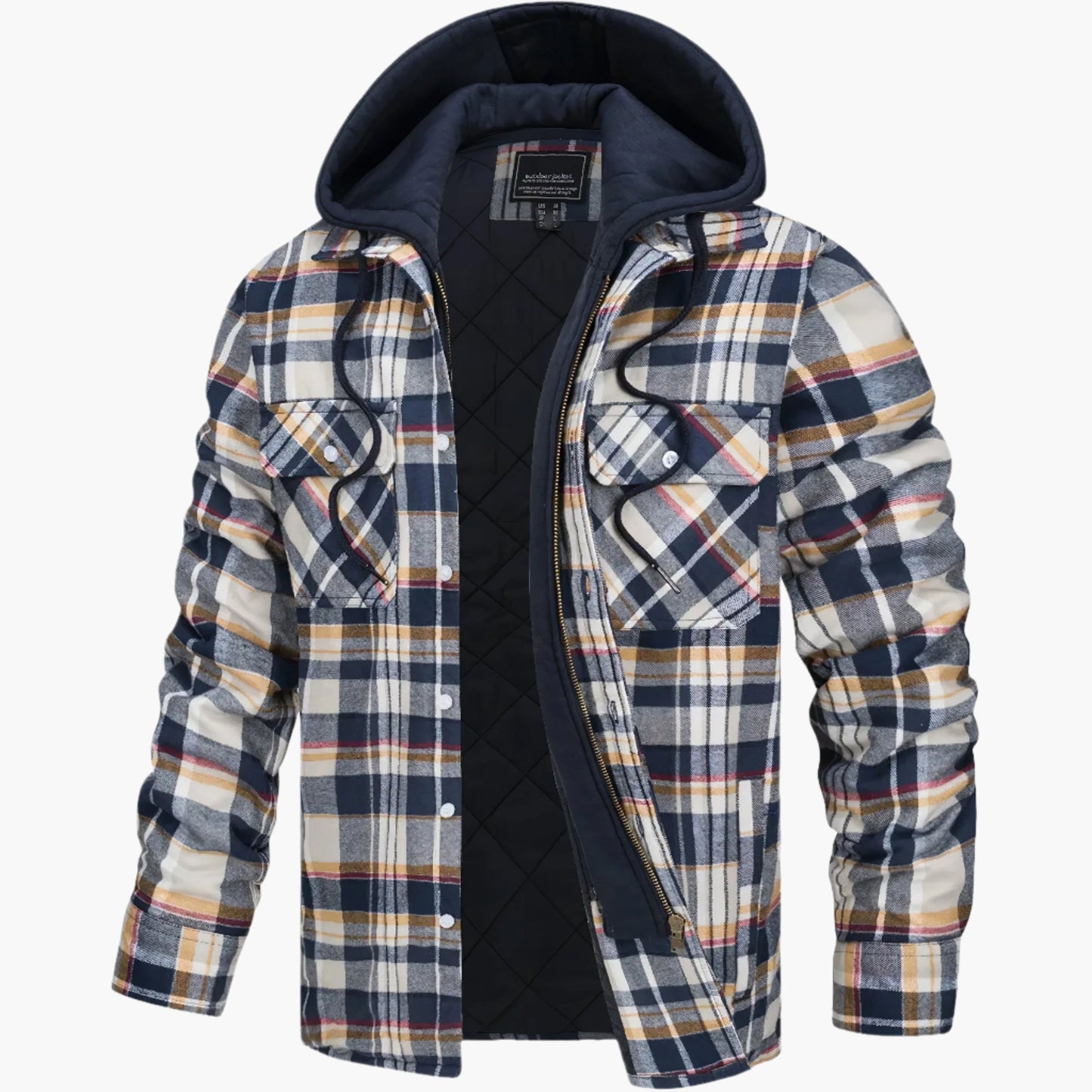 Men's yellow and blue hooded quilted flannel check jacket for autumn
