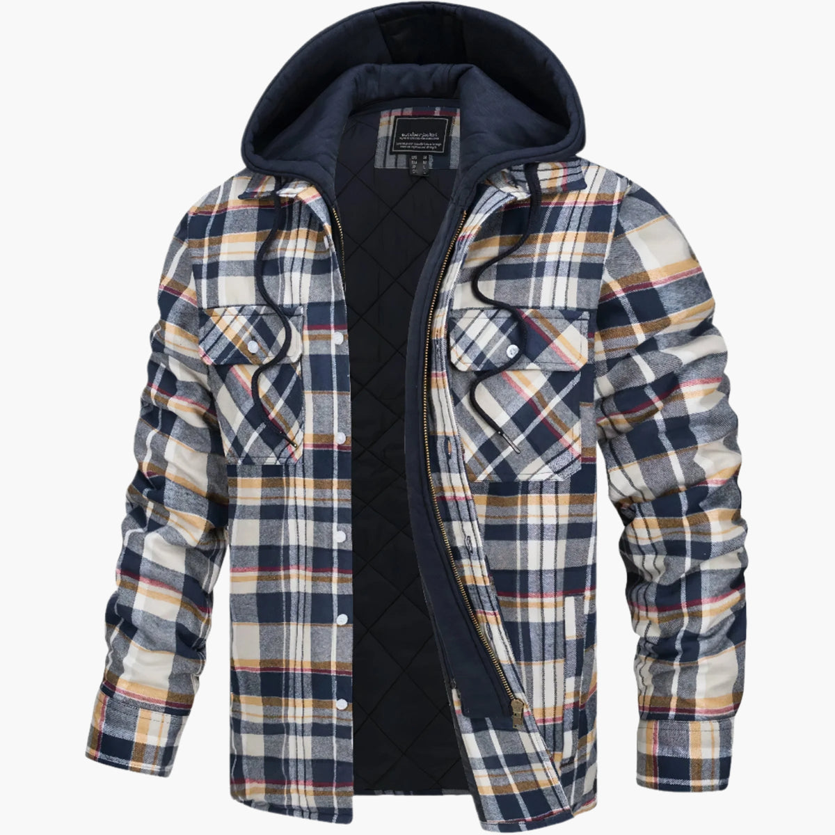 Men's yellow and blue hooded quilted flannel check jacket for autumn