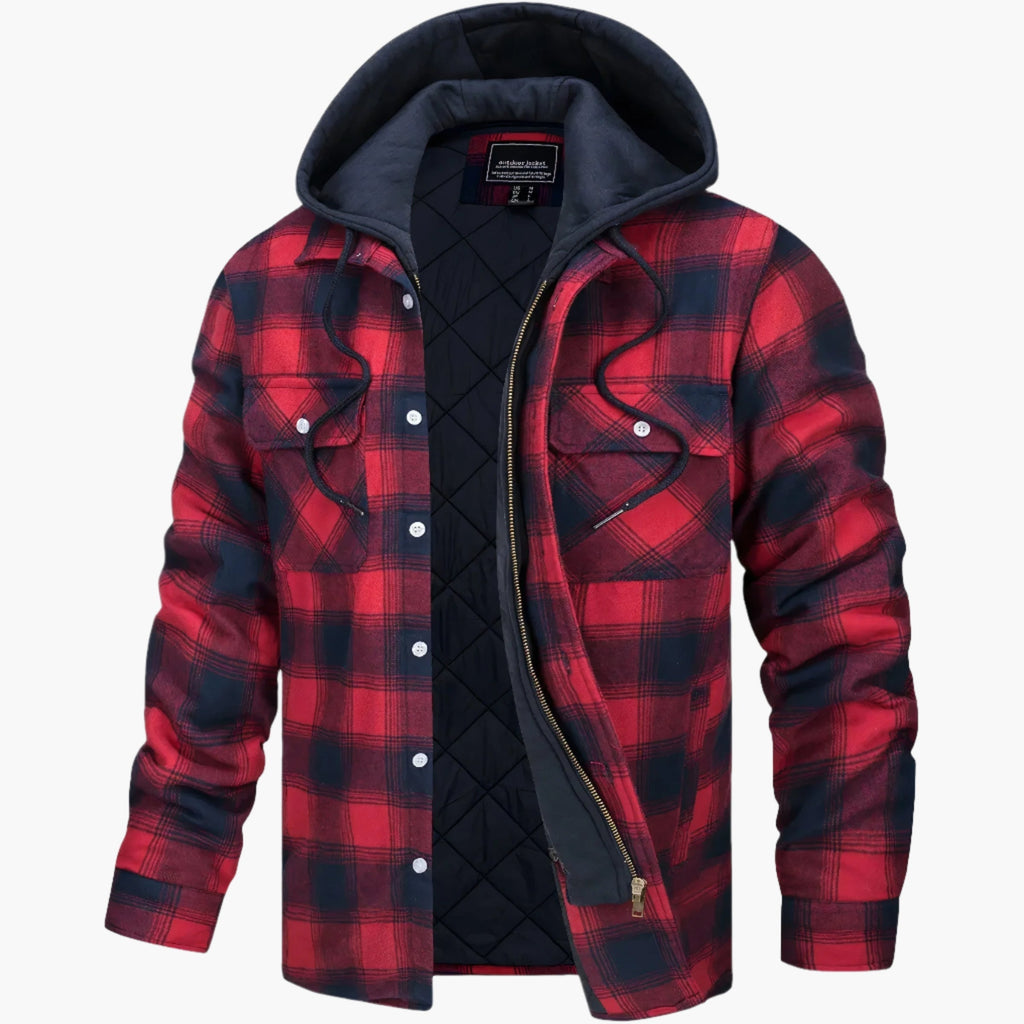 Men's yellow and blue hooded quilted flannel check jacket for autumn