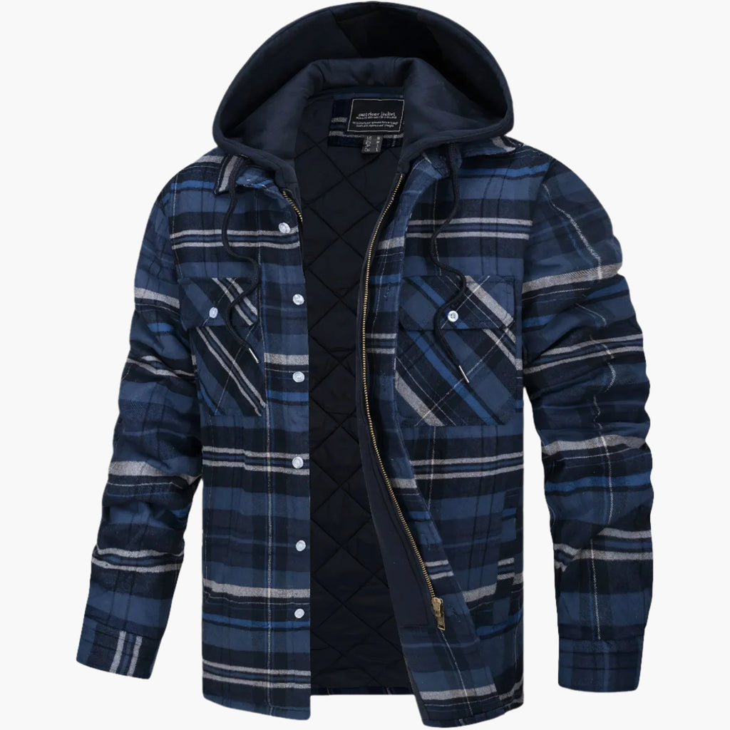 Men's yellow and blue hooded quilted flannel check jacket for autumn
