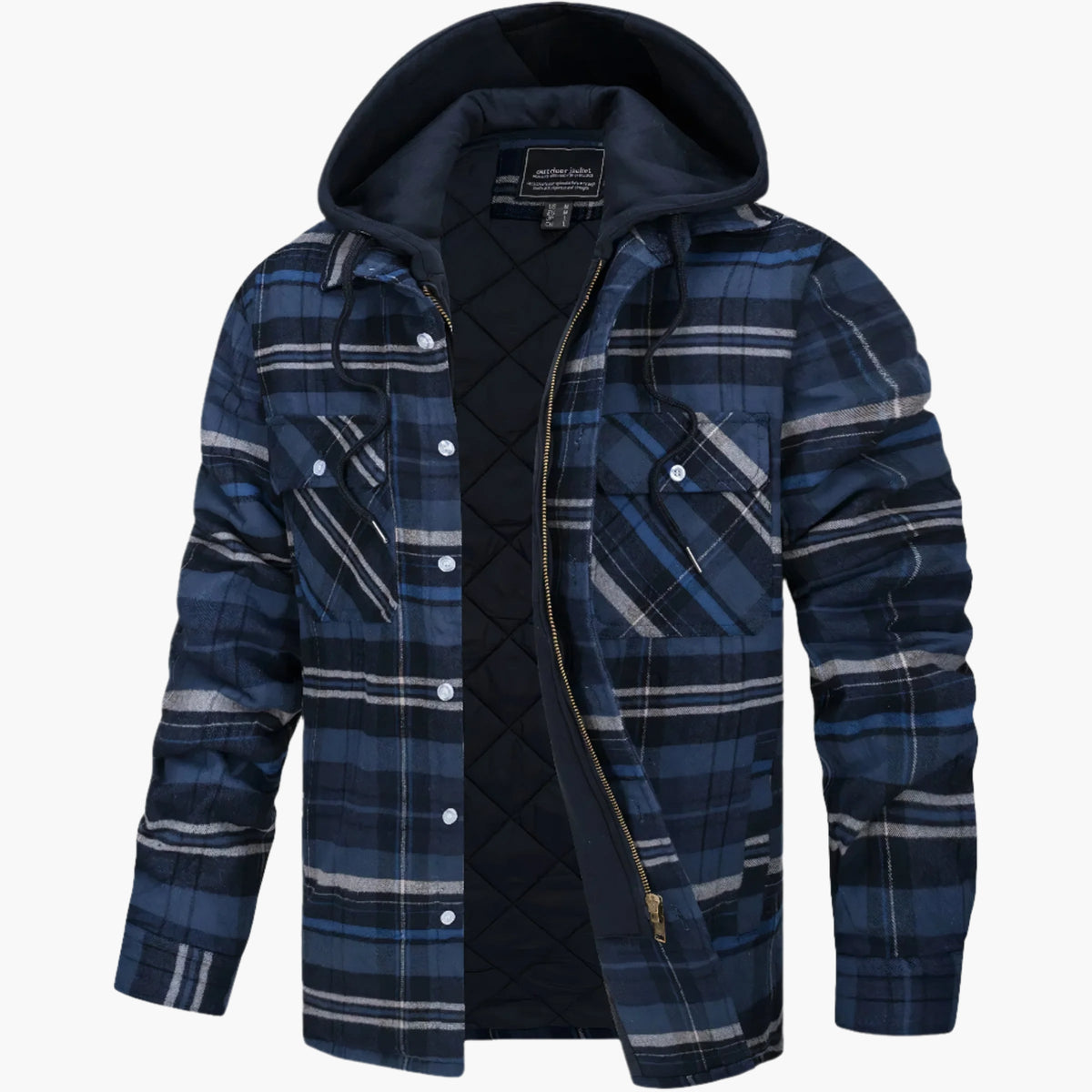 Men's yellow and blue hooded quilted flannel check jacket for autumn