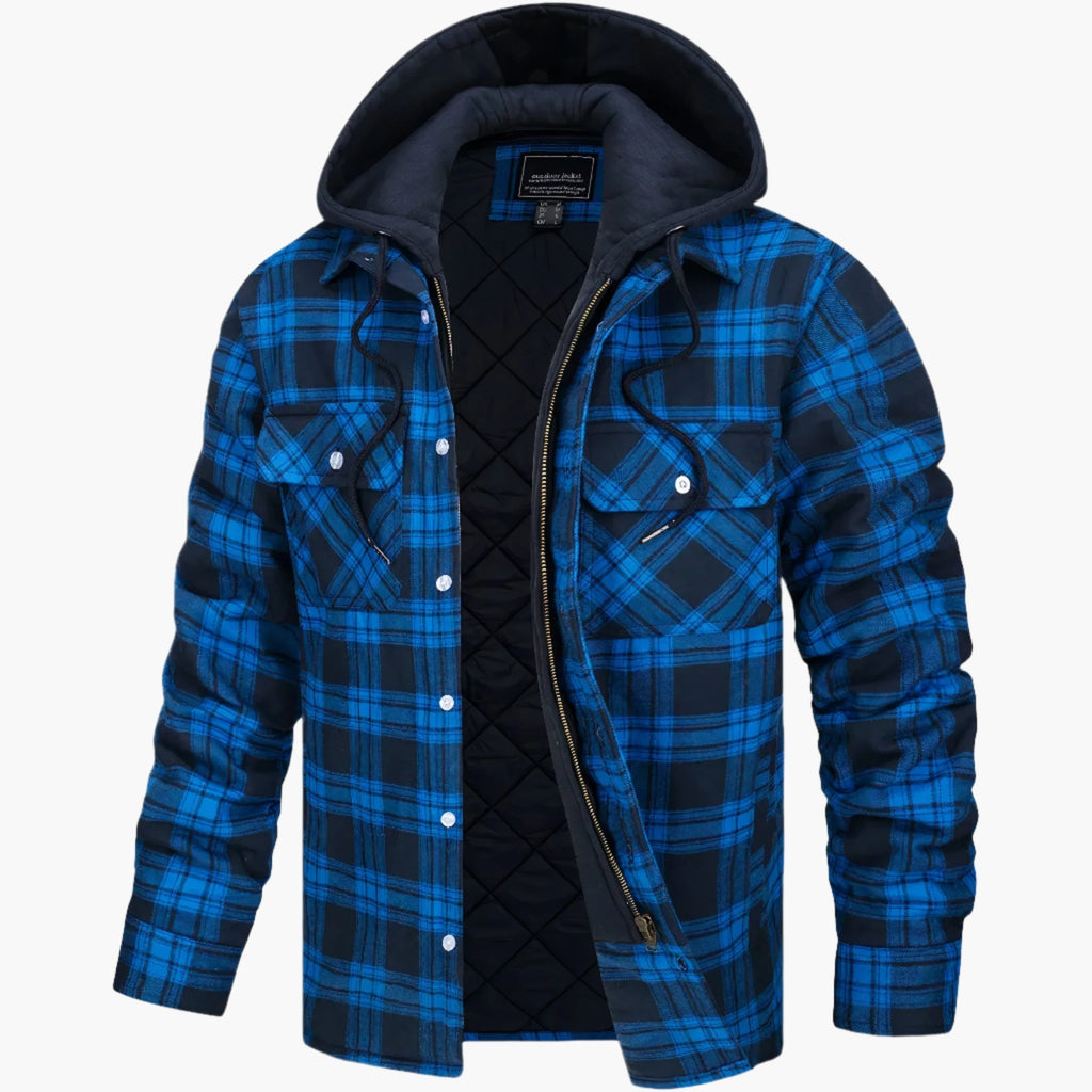 Men's yellow and blue hooded quilted flannel check jacket for autumn