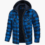 Men's yellow and blue hooded quilted flannel check jacket for autumn