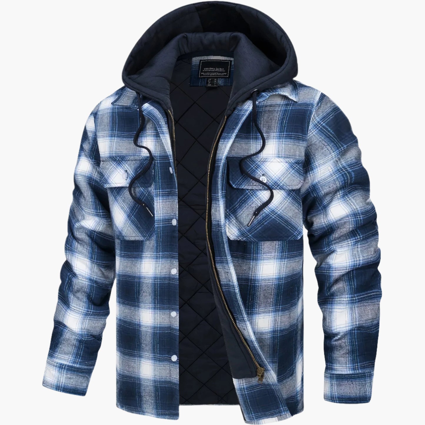 Men's yellow and blue hooded quilted flannel check jacket for autumn