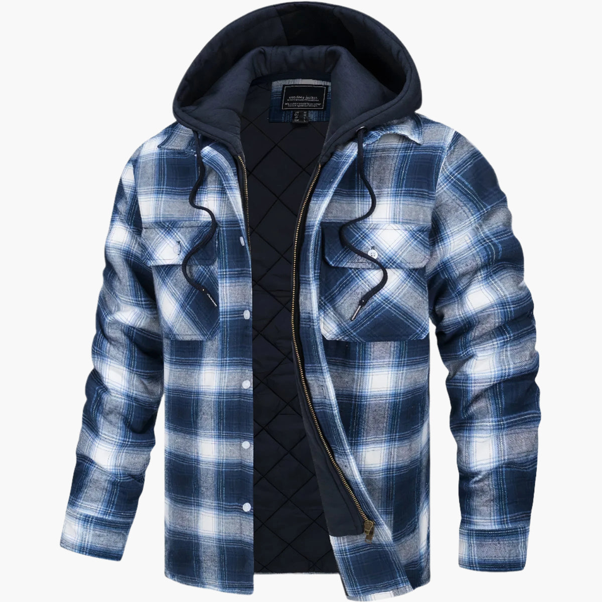 Men's yellow and blue hooded quilted flannel check jacket for autumn