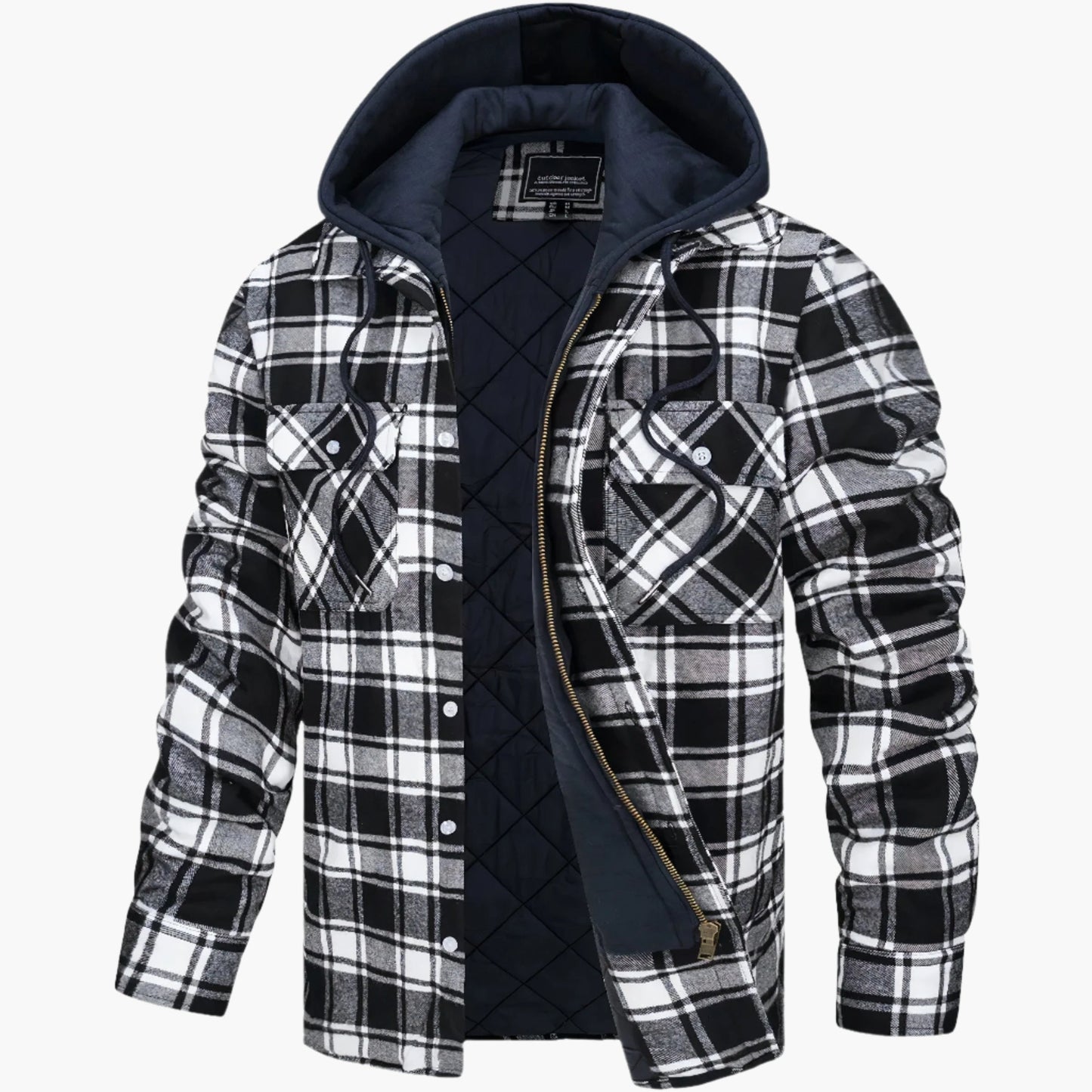 Men's yellow and blue hooded quilted flannel check jacket for autumn