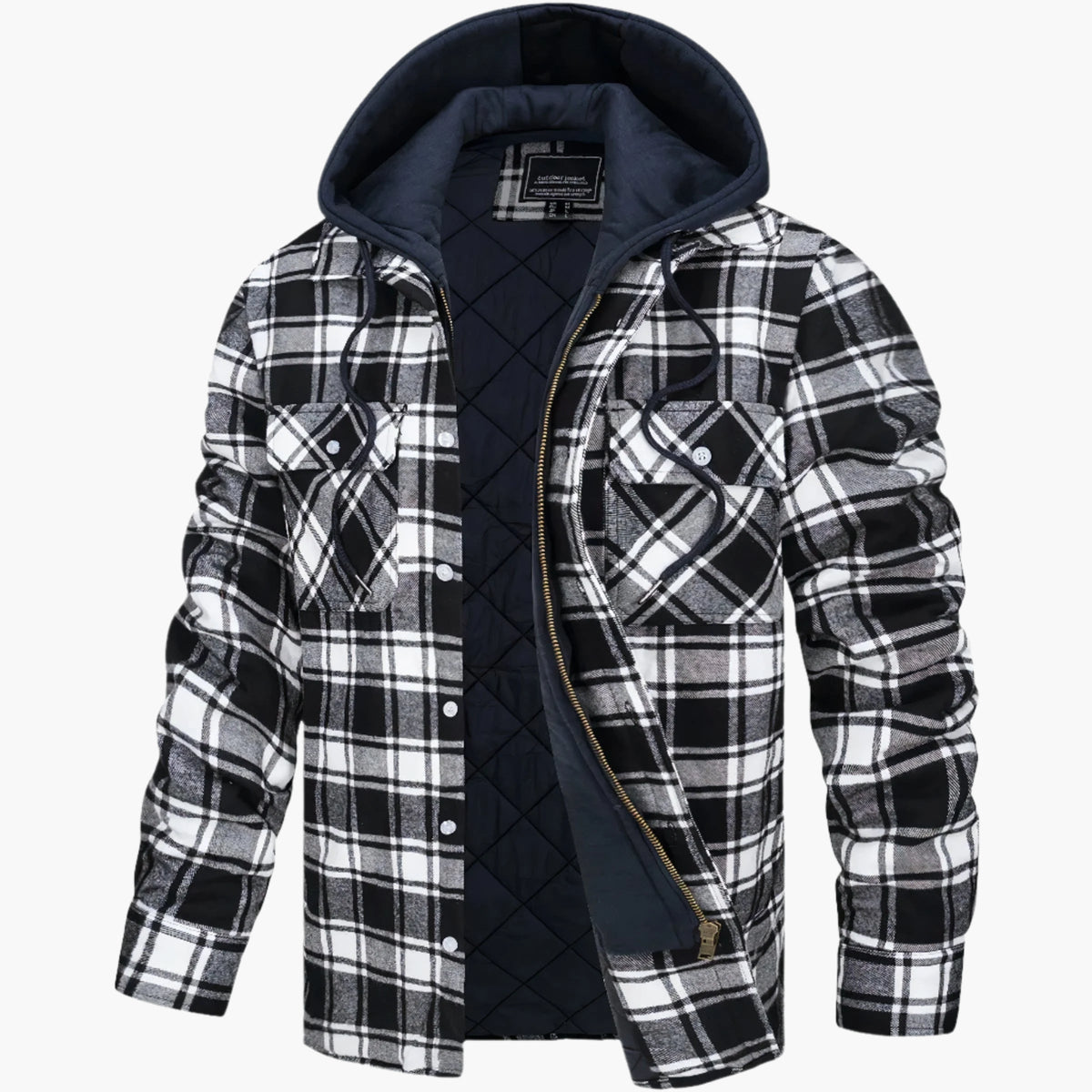Men's yellow and blue hooded quilted flannel check jacket for autumn