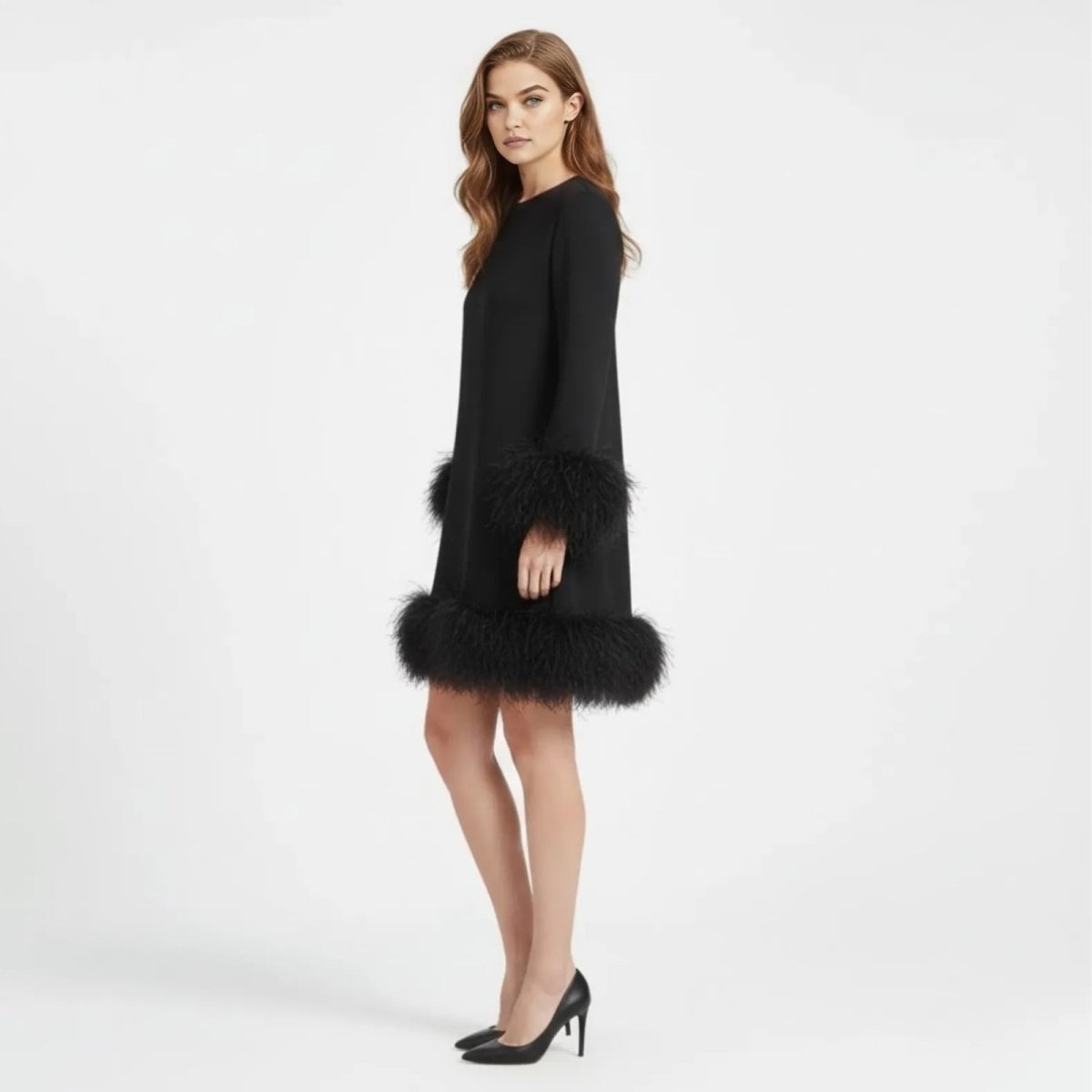 Women's mini dress with a faux fur hem and long sleeves, front view