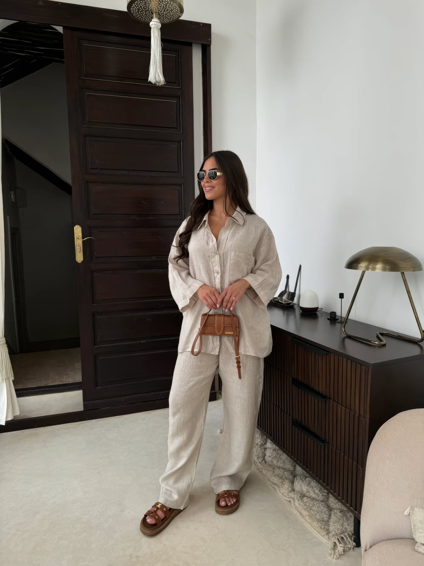 Women's two-piece co-ord set with a matching top and trousers in beige
