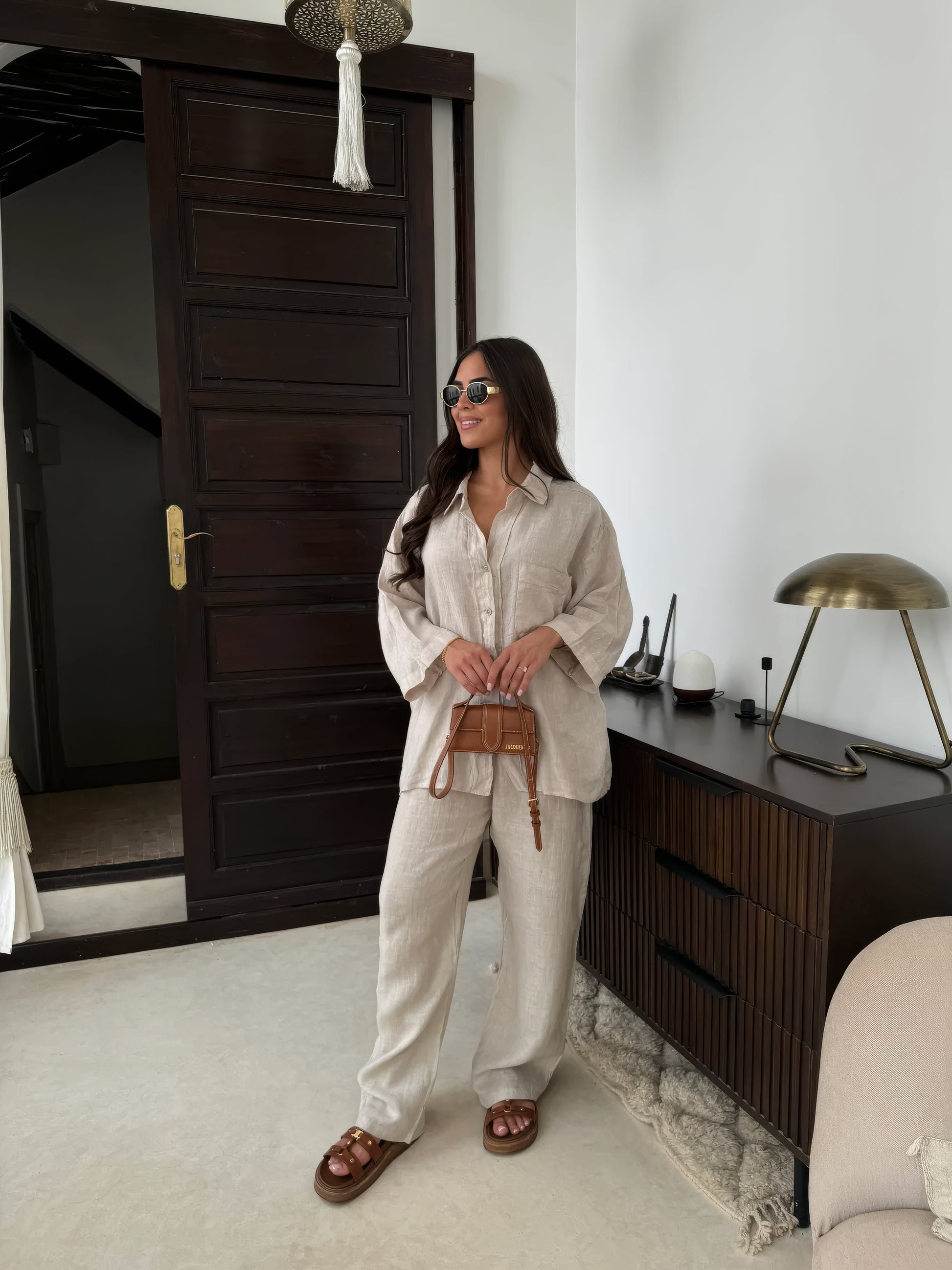 Women's two-piece co-ord set with a matching top and trousers in beige