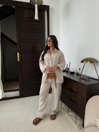 Women's two-piece co-ord set with a matching top and trousers in beige