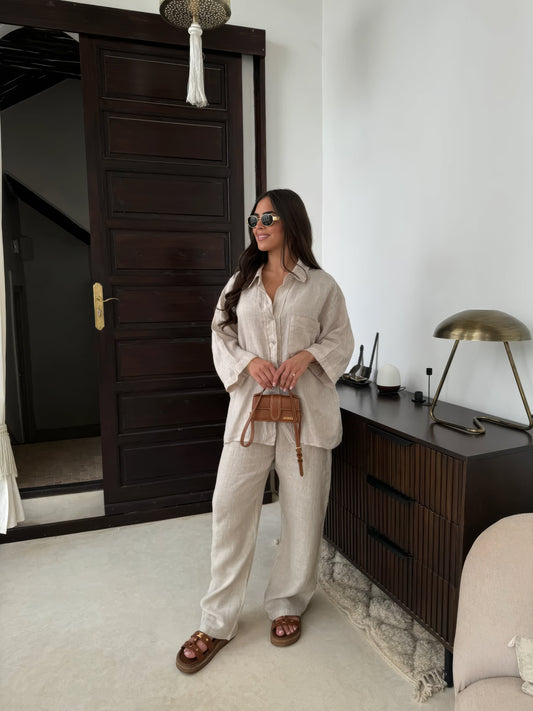 Women's two-piece co-ord set with a matching top and trousers in beige