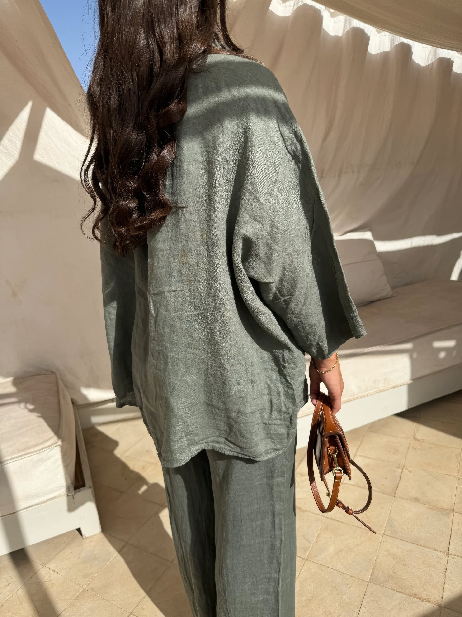 Women's two-piece co-ord set with a matching top and trousers in green