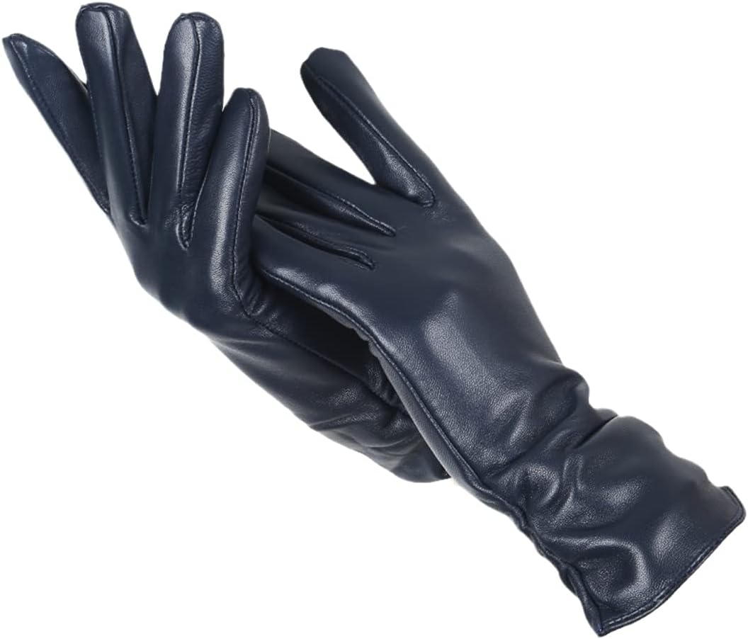 Women's navy blue faux leather gloves with a soft wool-blend lining