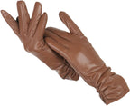 Women's navy blue faux leather gloves with a soft wool-blend lining