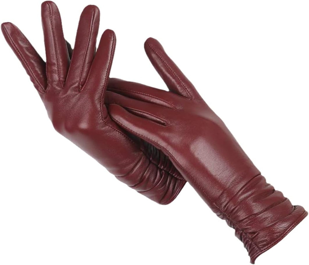 Women's navy blue faux leather gloves with a soft wool-blend lining