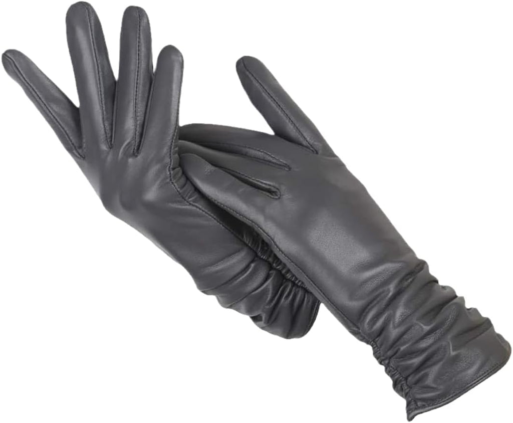 Women's navy blue faux leather gloves with a soft wool-blend lining