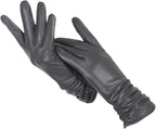 Women's navy blue faux leather gloves with a soft wool-blend lining