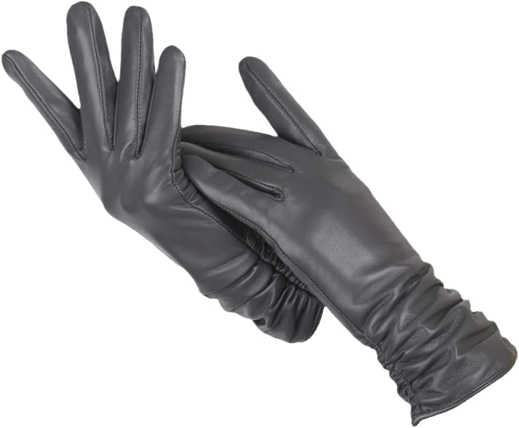 Women's navy blue faux leather gloves with a soft wool-blend lining