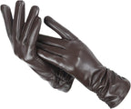 Women's red faux leather gloves with a soft wool-blend lining