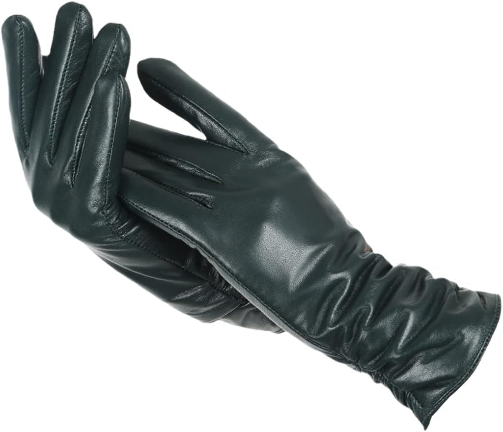 Women's red faux leather gloves with a soft wool-blend lining
