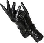Women's red faux leather gloves with a soft wool-blend lining