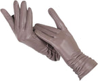 Women's red faux leather gloves with a soft wool-blend lining