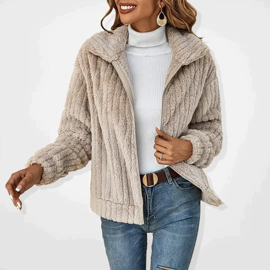 Beige longline fleece gilet for women with a full-length zip
