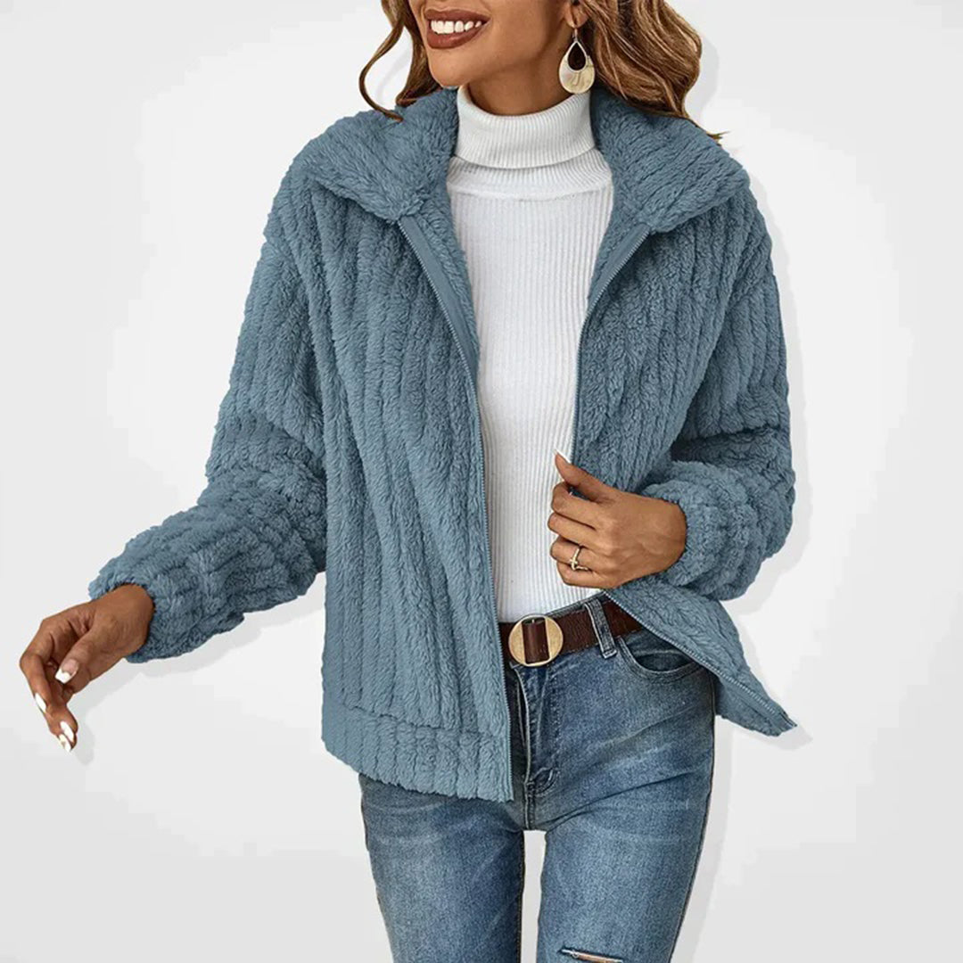 Beige longline fleece gilet for women with a full-length zip